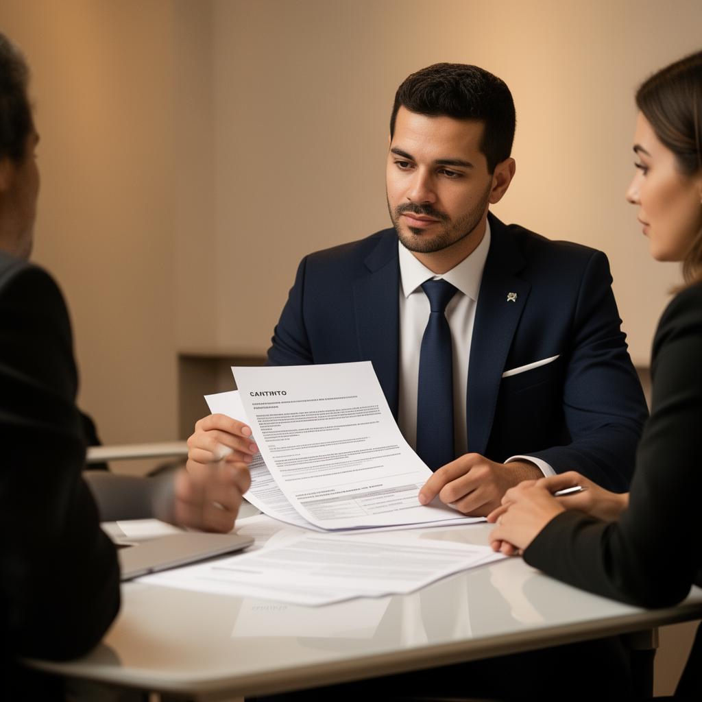 Advogado analisando contrato bancário com cliente